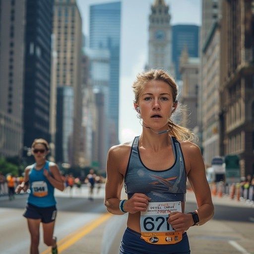 Focused female distance runner racing through a city street