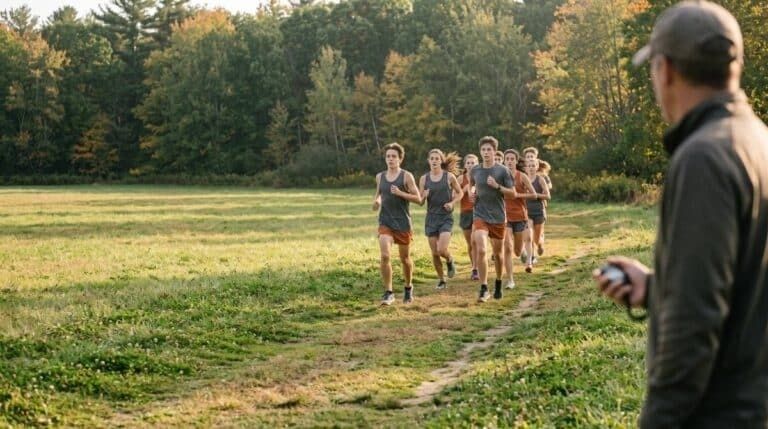 Coach timing a group of runners during an outdoor training session